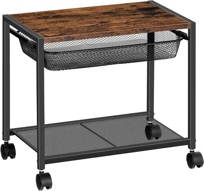 Mobile Printer Stand, 2-Tier Printer Cart with Storage Shelf, Adjustable Metal Mesh Basket