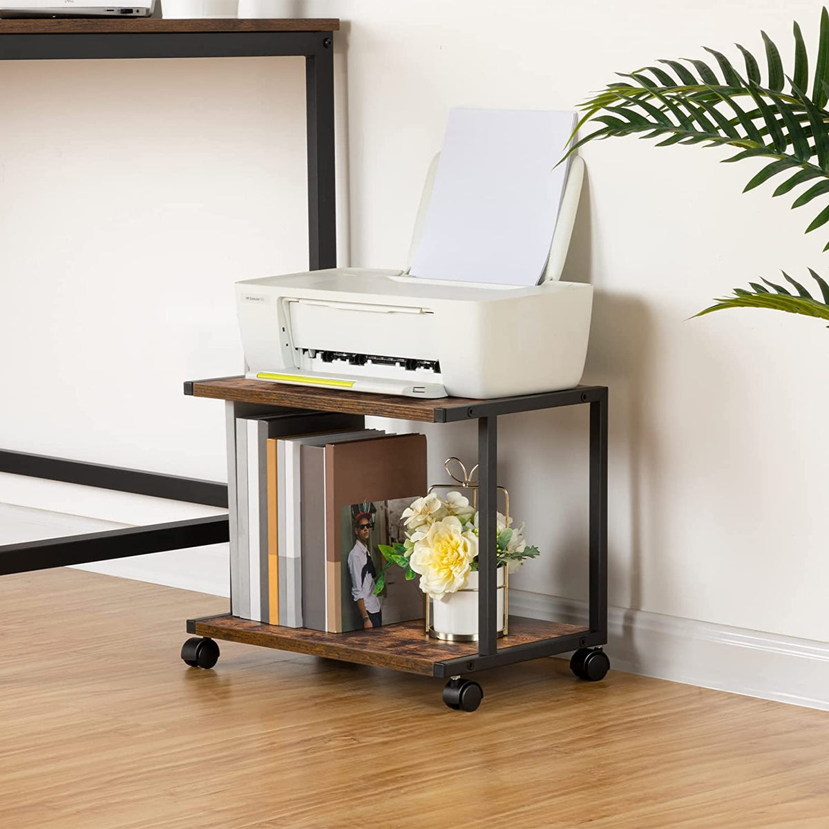 Industrial Printer Stand, 2-Tier Printer Cart with Storage, Under Desk Storage Cart on Wheels
