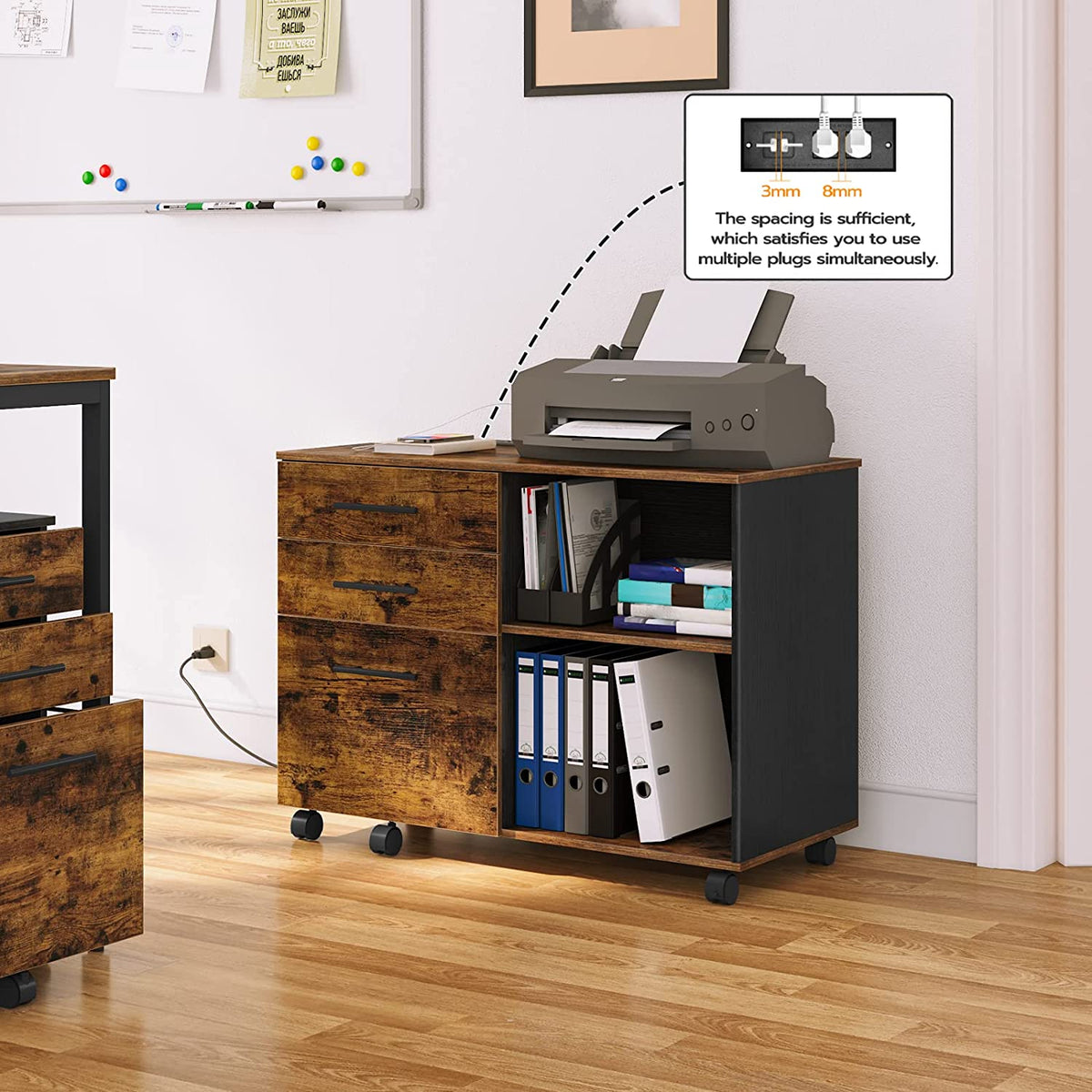 File Cabinet, Lateral Filing Cabinet with Socket, USB Charging Port, 3-Drawer, Printer Stand