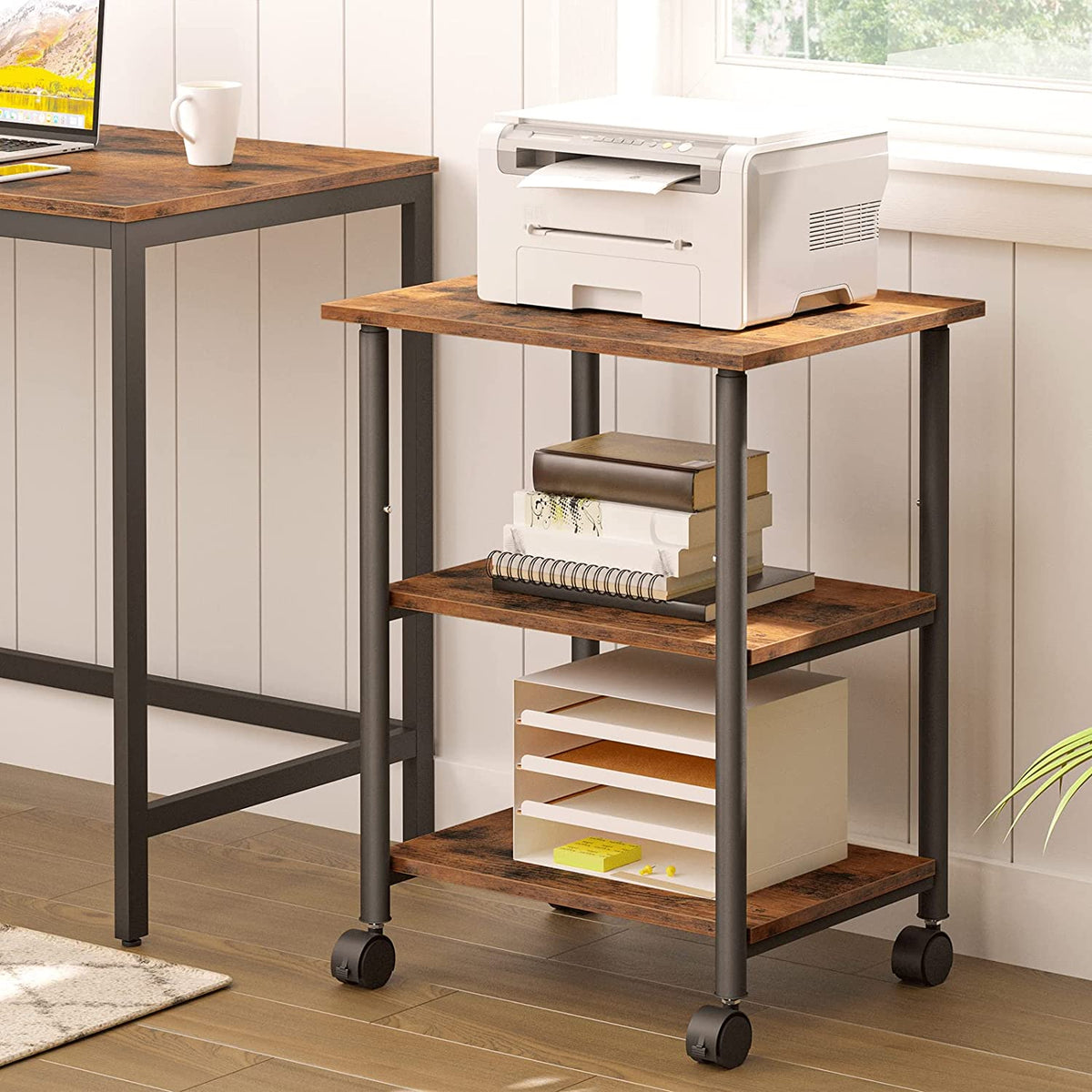 Printer Stand, 3-Tier Printer Table, Height Adjustable Printer Carts on Wheels, Rolling Table