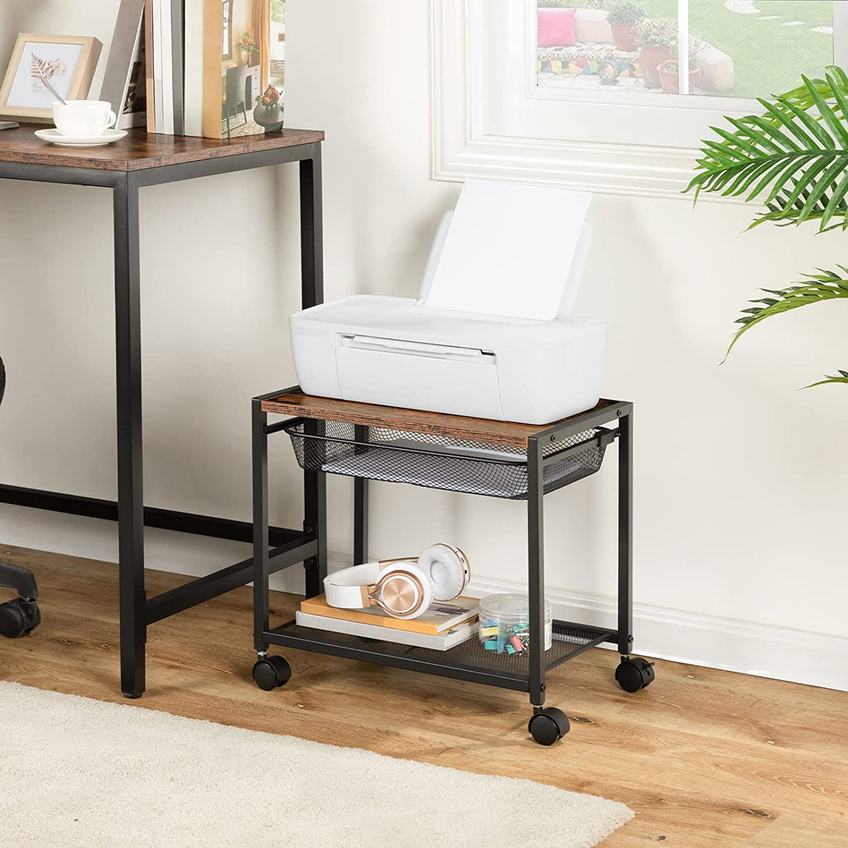 Mobile Printer Stand, 2-Tier Printer Cart with Storage Shelf, Adjustable Metal Mesh Basket