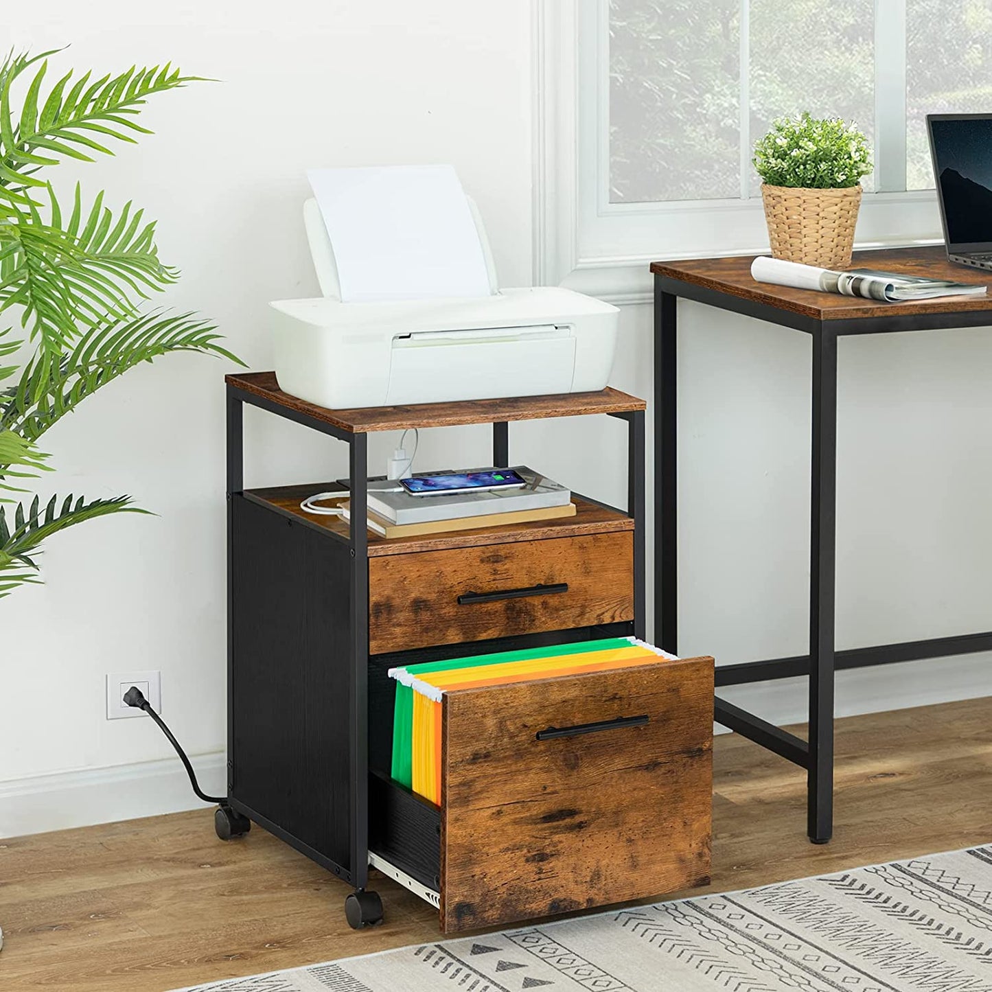 File Cabinet with Socket and USB Charging Port, 2 Drawers Filing Cabinet, Office Cabinet with Open Shelf