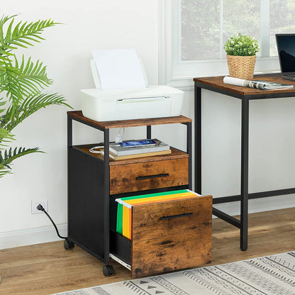 File Cabinet with Socket and USB Charging Port, 2 Drawers Filing Cabinet, Office Cabinet with Open Shelf