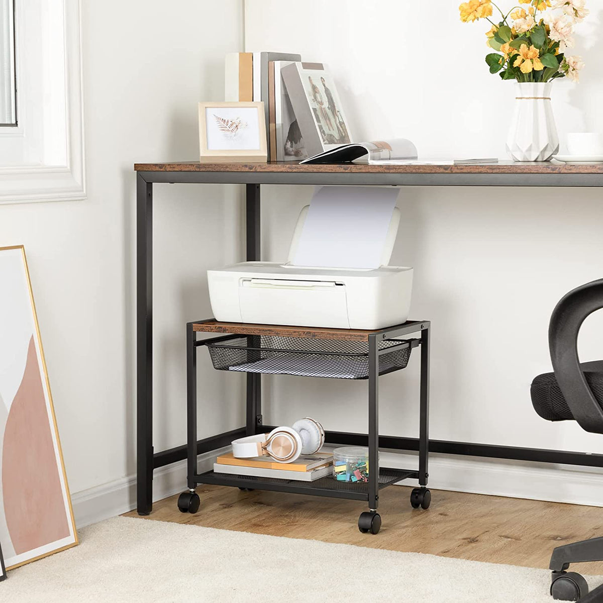 Mobile Printer Stand, 2-Tier Printer Cart with Storage Shelf, Adjustable Metal Mesh Basket