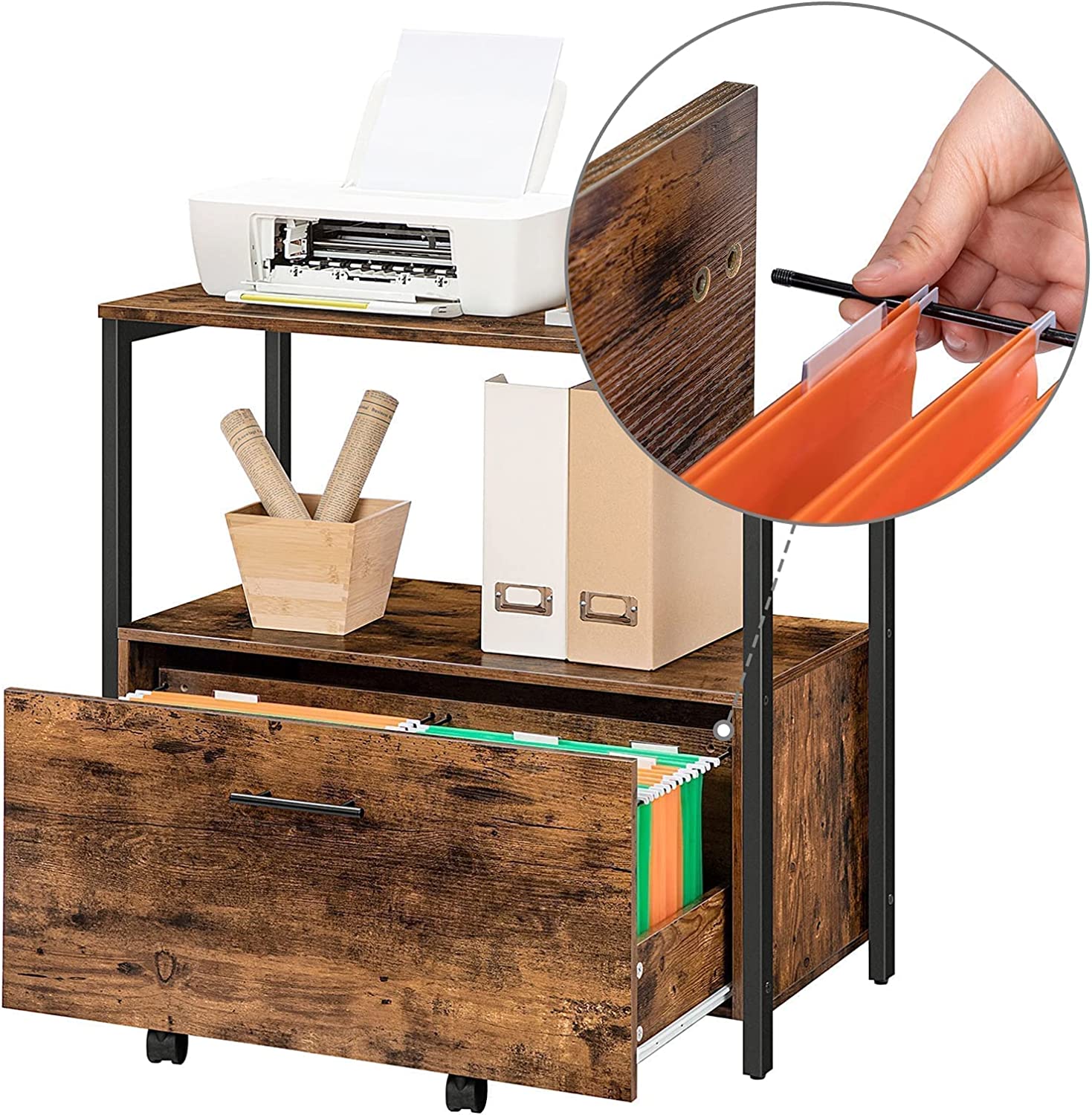 File Cabinet, Lateral Filing Cabinet with Storage Shelves, Vertical Mobile Office Cabinet, Hanging File Drawers - HWLEXTRA 