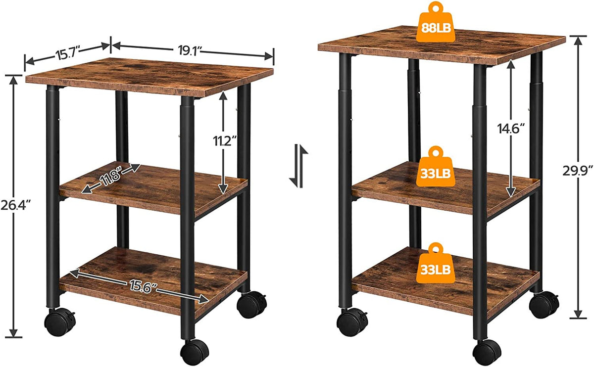 Printer Stand, 3-Tier Printer Table, Height Adjustable Printer Carts on Wheels, Rolling Table