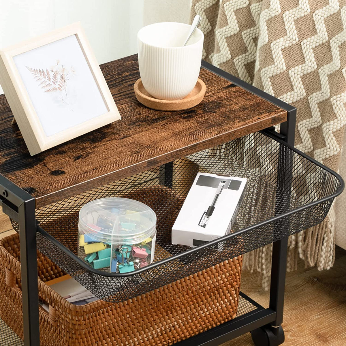 Mobile Printer Stand, 2-Tier Printer Cart with Storage Shelf, Adjustable Metal Mesh Basket