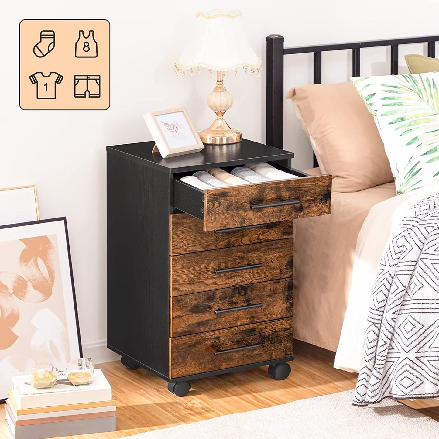 File Cabinet, Wooden Office Cabinet with Wheels, 5 Drawer Chest Dresser, Storage Cabinet