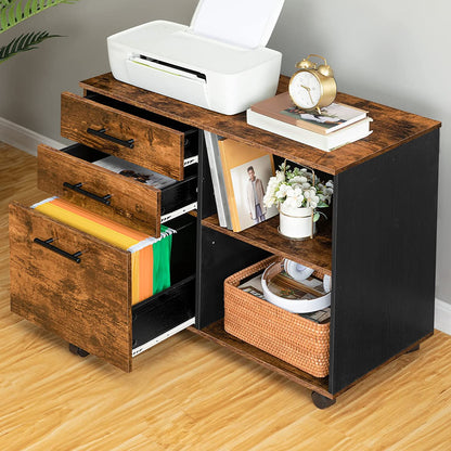 File Cabinet, Lateral Filing Cabinet with Socket, USB Charging Port, 3-Drawer, Printer Stand