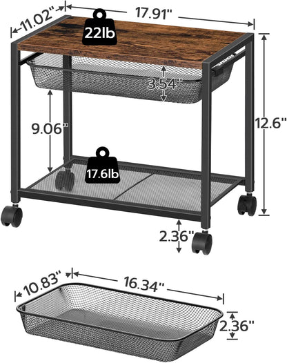 Mobile Printer Stand, 2-Tier Printer Cart with Storage Shelf, Adjustable Metal Mesh Basket