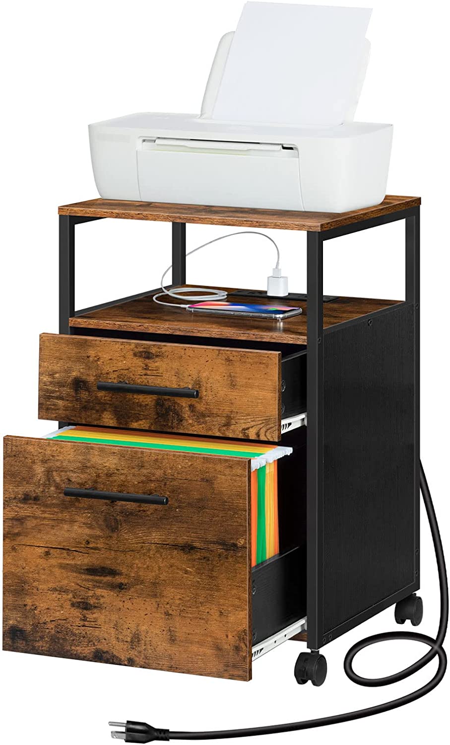 File Cabinet with Socket and USB Charging Port, 2 Drawers Filing Cabinet, Office Cabinet with Open Shelf