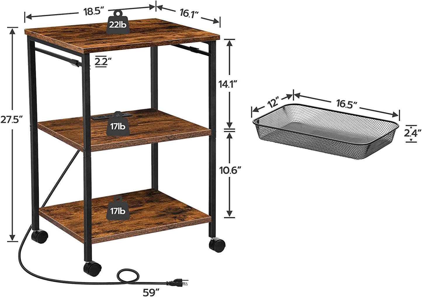 Printer Stand with Charging Station, 3-Tier Printer Table with Storage Shelf