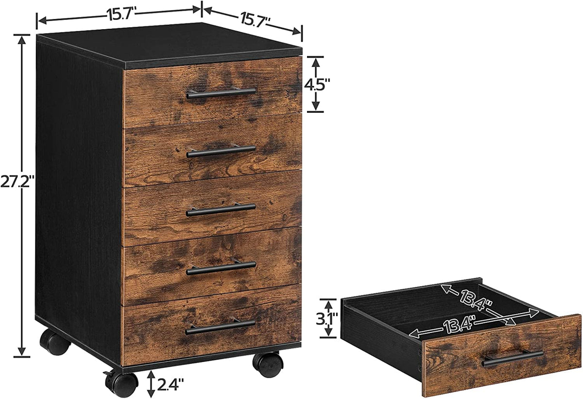 File Cabinet, Wooden Office Cabinet with Wheels, 5 Drawer Chest Dresser, Storage Cabinet