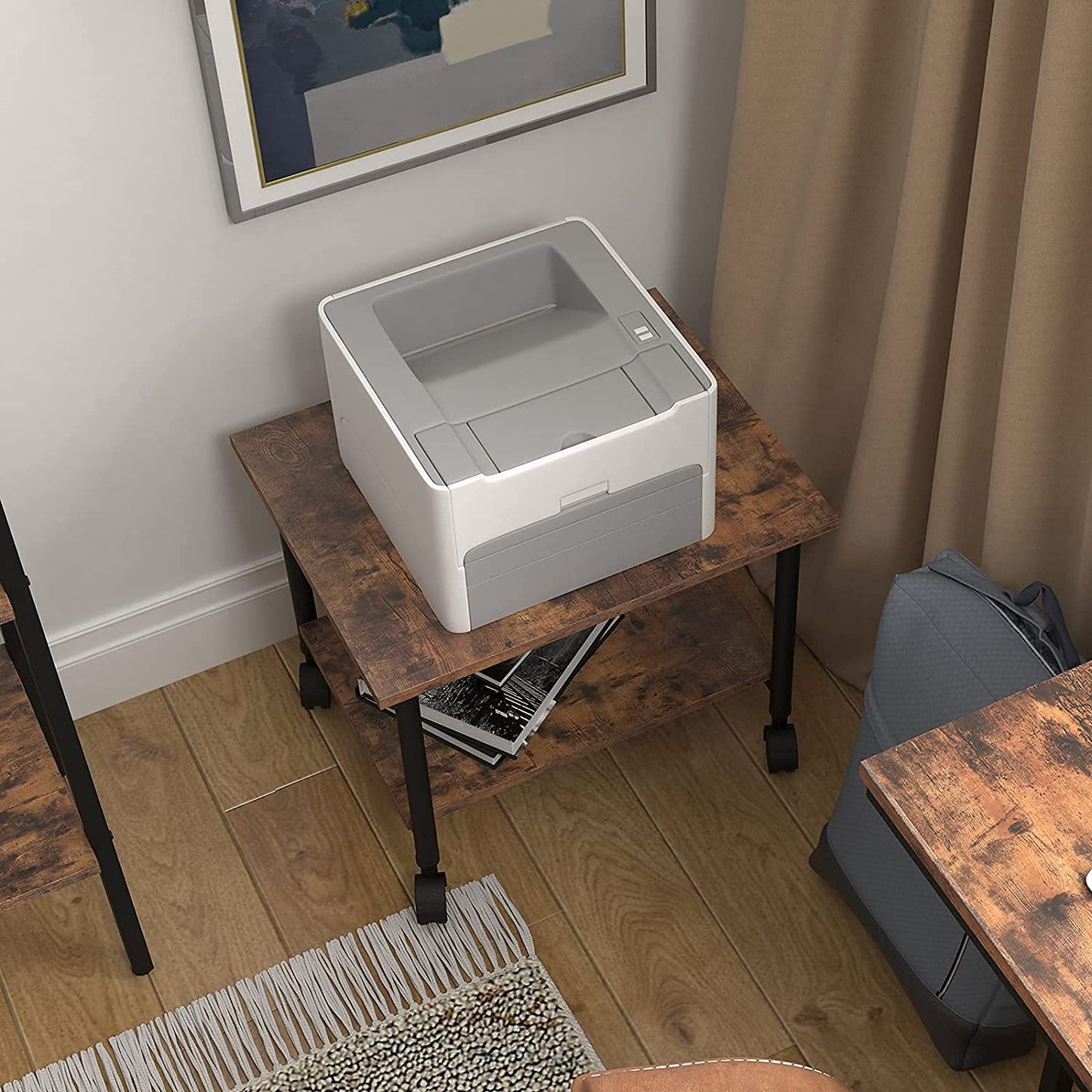 Industrial Printer Stand, 2-Tier Printer Cart with Storage, Under Desk Storage Cart on Wheels