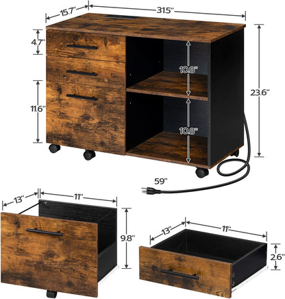 File Cabinet, Lateral Filing Cabinet with Socket, USB Charging Port, 3-Drawer, Printer Stand