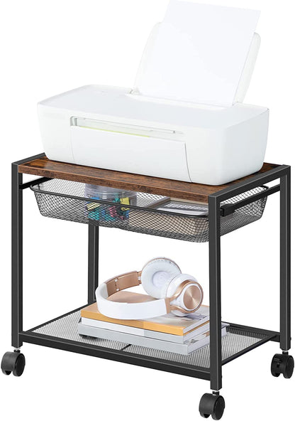 Mobile Printer Stand, 2-Tier Printer Cart with Storage Shelf, Adjustable Metal Mesh Basket