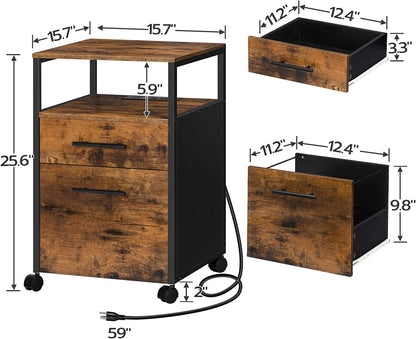 File Cabinet with Socket and USB Charging Port, 2 Drawers Filing Cabinet, Office Cabinet with Open Shelf