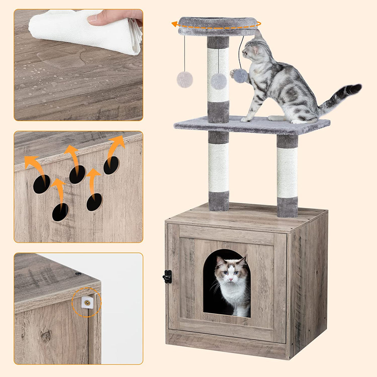 Litter Box Enclosure with Cat Tree Tower, Hidden Cat Washroom with Scratching Post and Soft Plush Perch