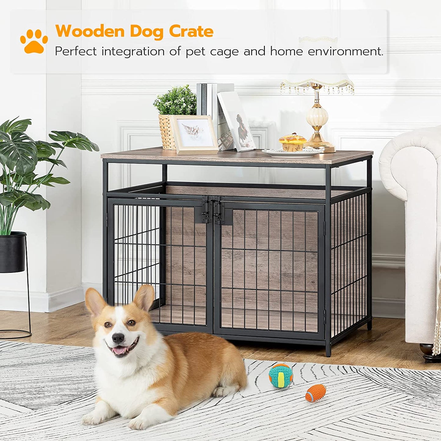 Dog Crate Furniture, Wooden Dog Crate, Dog Kennels with 3 Doors Indoor
