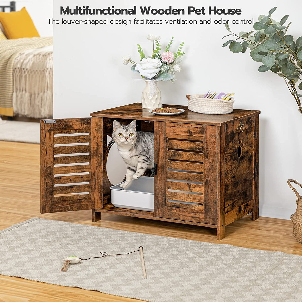 Hidden Cat Litter Box Enclosure, Vintage Wooden Pet Furniture