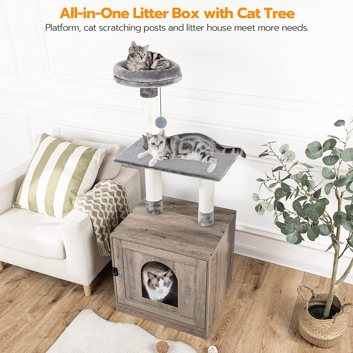 Litter Box Enclosure with Cat Tree Tower, Hidden Cat Washroom with Scratching Post and Soft Plush Perch