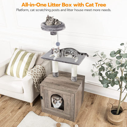 Litter Box Enclosure with Cat Tree Tower, Hidden Cat Washroom with Scratching Post and Soft Plush Perch