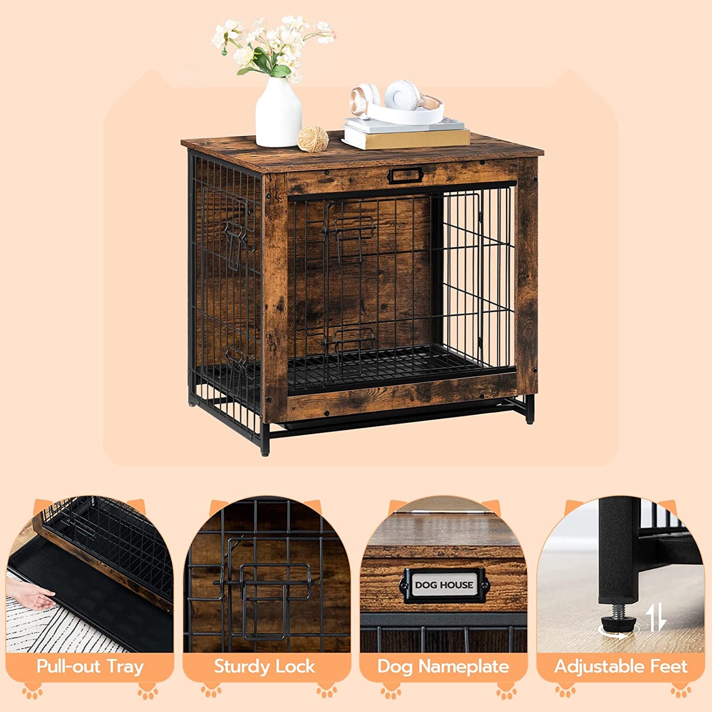 Dog Crate Furniture, Decorative Dog Kennel, Wooden Pet Furniture with Pull-Out Tray