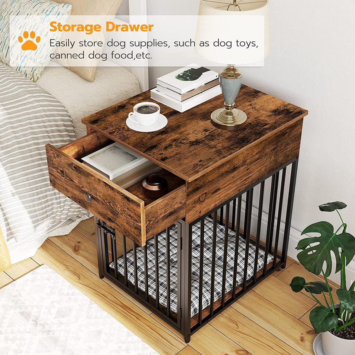 Dog Crate Furniture, Wooden Dog House, Dog Kennel with Drawer, Indoor Pet Crate End Table