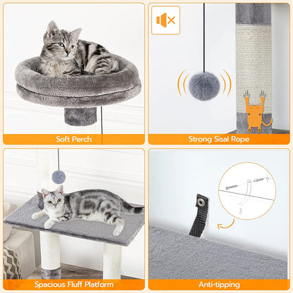 Litter Box Enclosure with Cat Tree Tower, Hidden Cat Washroom with Scratching Post and Soft Plush Perch