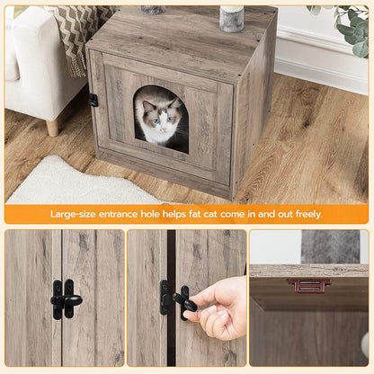 Litter Box Enclosure with Cat Tree Tower, Hidden Cat Washroom with Scratching Post and Soft Plush Perch