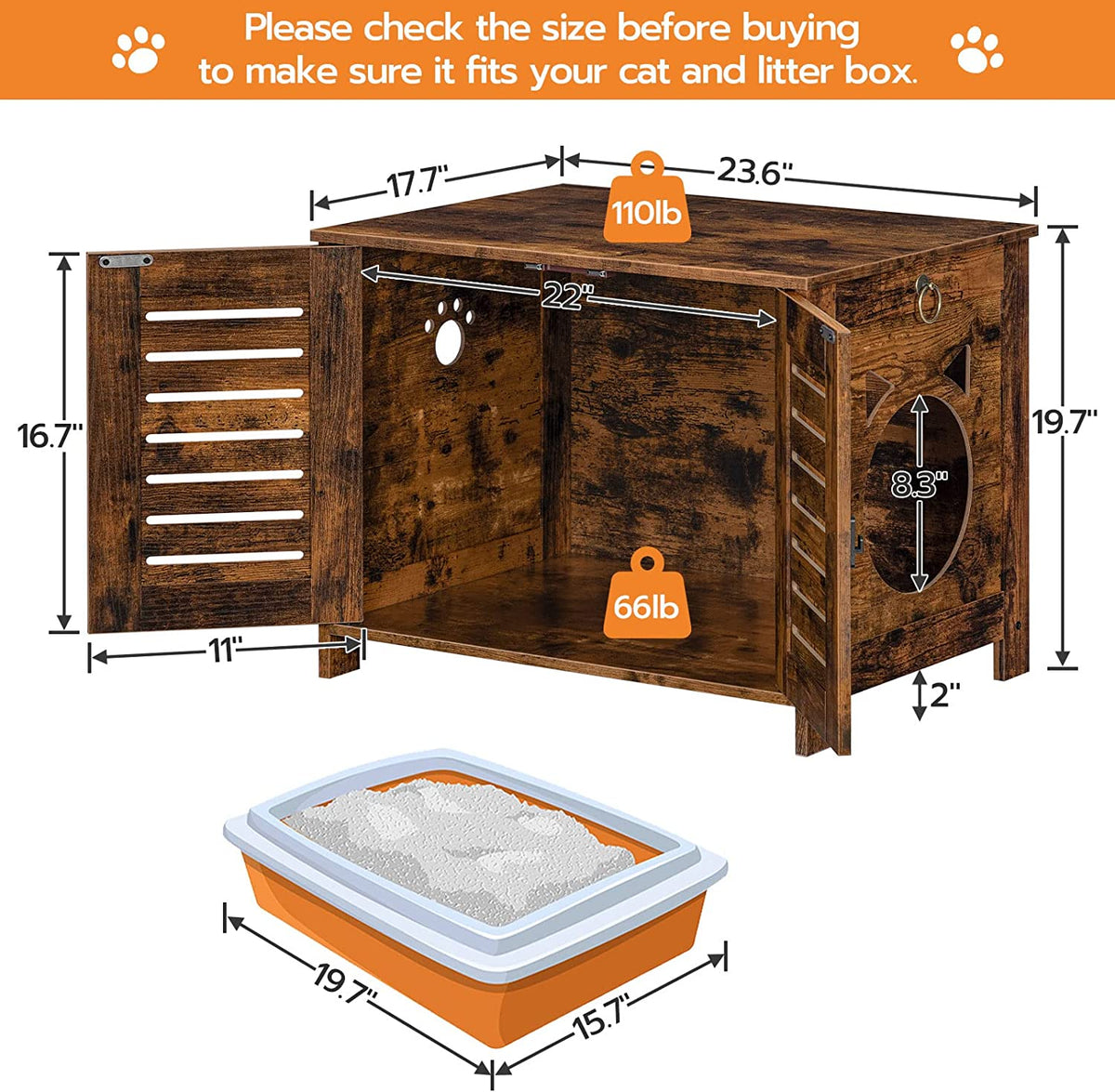 Hidden Cat Litter Box Enclosure, Vintage Wooden Pet Furniture