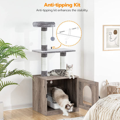 Litter Box Enclosure with Cat Tree Tower, Hidden Cat Washroom with Scratching Post and Soft Plush Perch