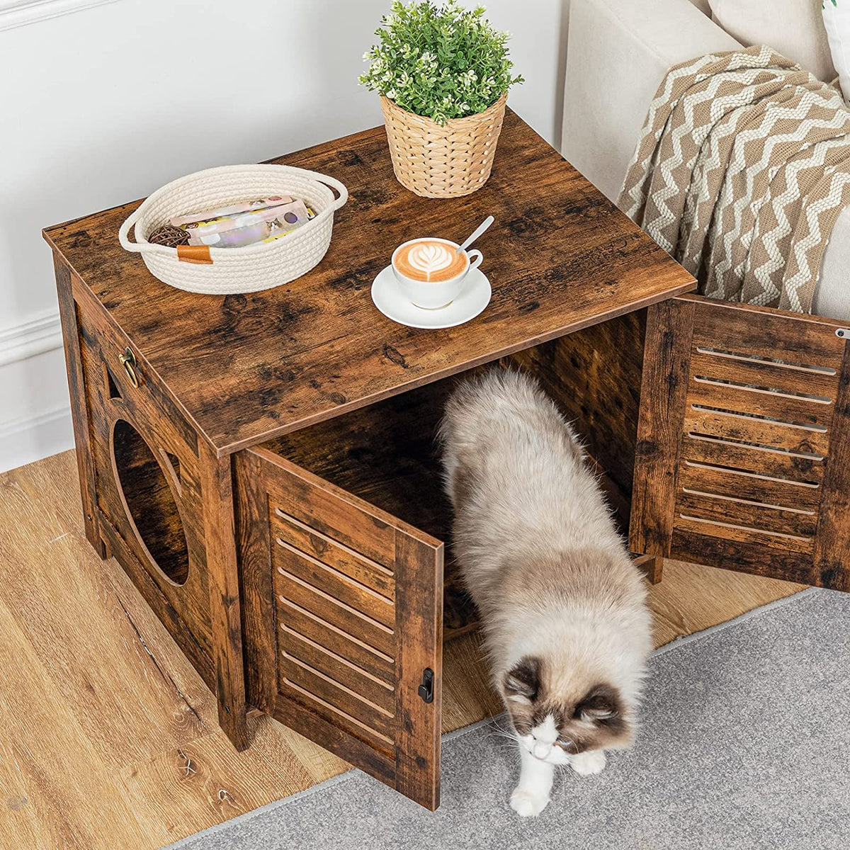 Hidden Cat Litter Box Enclosure, Vintage Wooden Pet Furniture
