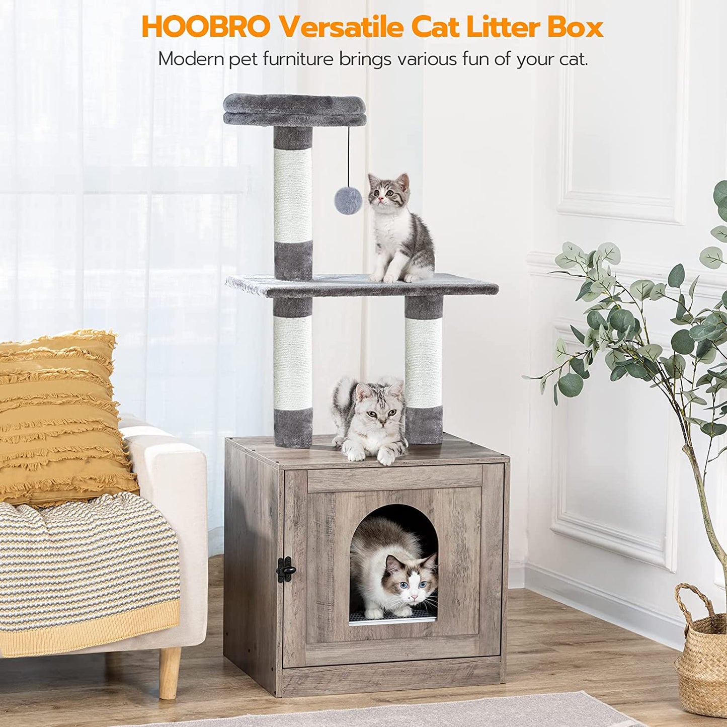 Litter Box Enclosure with Cat Tree Tower, Hidden Cat Washroom with Scratching Post and Soft Plush Perch