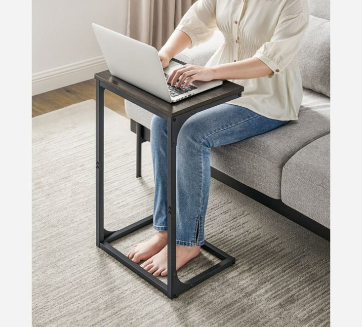 C-Shaped Side Table, End Table for Sofa, Couch Table with Metal Frame, Ebonized Oak Finish and Black - HWLEXTRA 