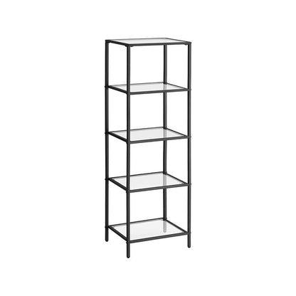 Bookcase, 5-Tier Bookshelf, Slim Shelving Unit for Bedroom, Bathroom, Tempered Glass, Steel Frame, Black