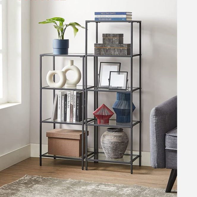 Bookcase, 5-Tier Bookshelf, Slim Shelving Unit for Bedroom, Bathroom, Tempered Glass, Steel Frame, Black
