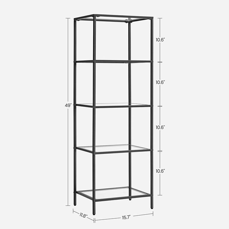 Bookcase, 5-Tier Bookshelf, Slim Shelving Unit for Bedroom, Bathroom, Tempered Glass, Steel Frame, Black