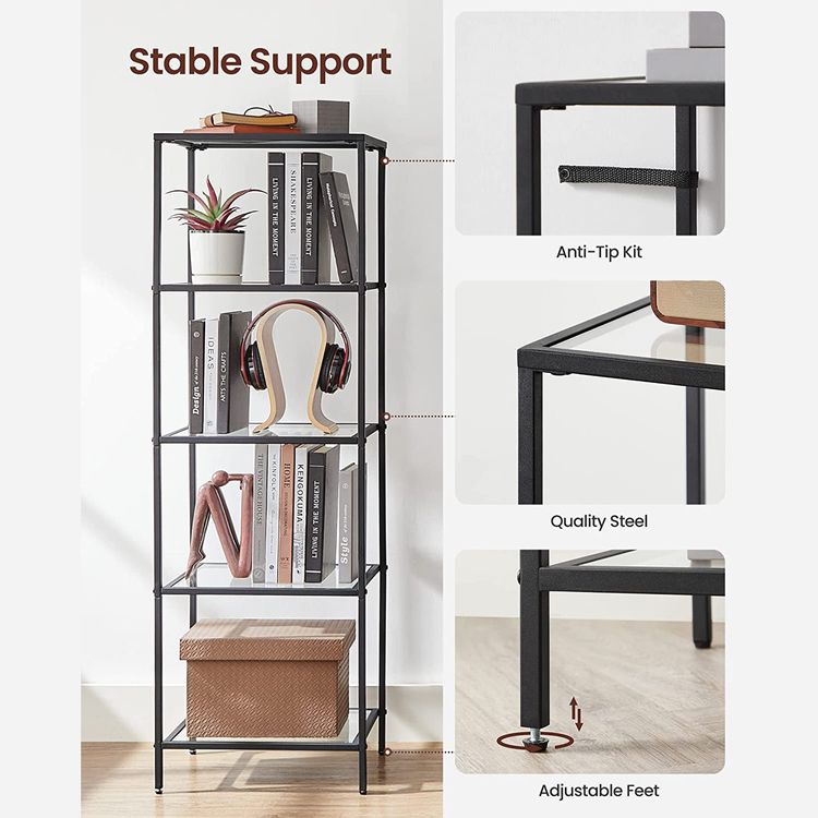 Bookcase, 5-Tier Bookshelf, Slim Shelving Unit for Bedroom, Bathroom, Tempered Glass, Steel Frame, Black