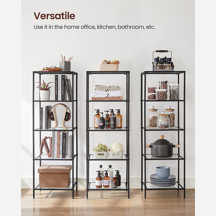Bookcase, 5-Tier Bookshelf, Slim Shelving Unit for Bedroom, Bathroom, Tempered Glass, Steel Frame, Black