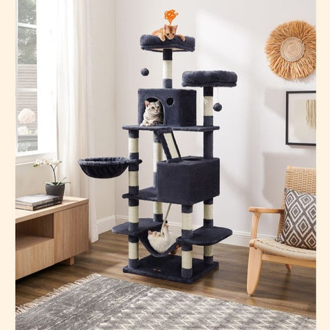 Cat Tree, 66.1-Inch Large Cat Tower with 13 Scratching Posts, 2 Perches, 2 Caves, Smoky Gray