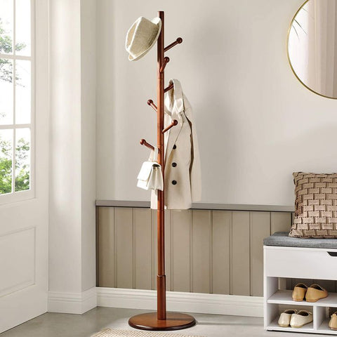 Coat Rack Free Standing with 7 Rounded Hooks, Wood Hall Tree, Entryway Coat Stand