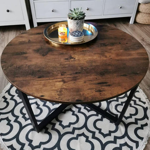 Industrial Round Coffee Table with Metal Frame - HWLEXTRA