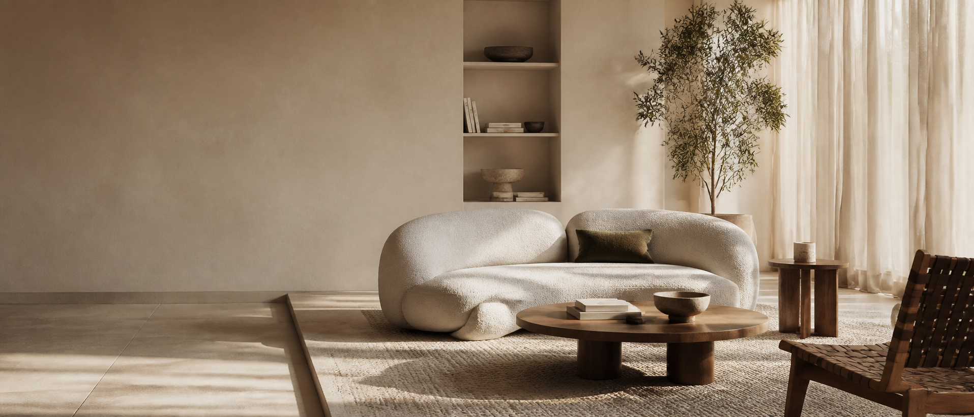 A composed living room furnished with seating, tables and warm neutral accents